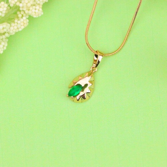 "Teardrop Leaf Pendant with Marquise Green Stone in Gold Finish, XPPT1726 - Picture 2 of 13